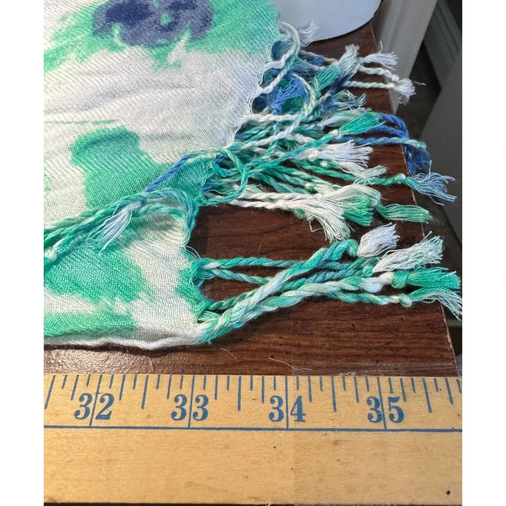 Watercolor Teal Blue White Scarf Shawl Wrap Artsy Coastal Marine Fringe Mermaid